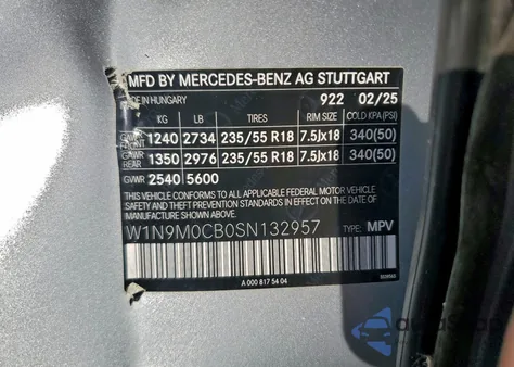 2025 Mercedes-Benz Eqb 250+ z USA, uszkodzony, nr VIN W1N9M0CB0SN132957
